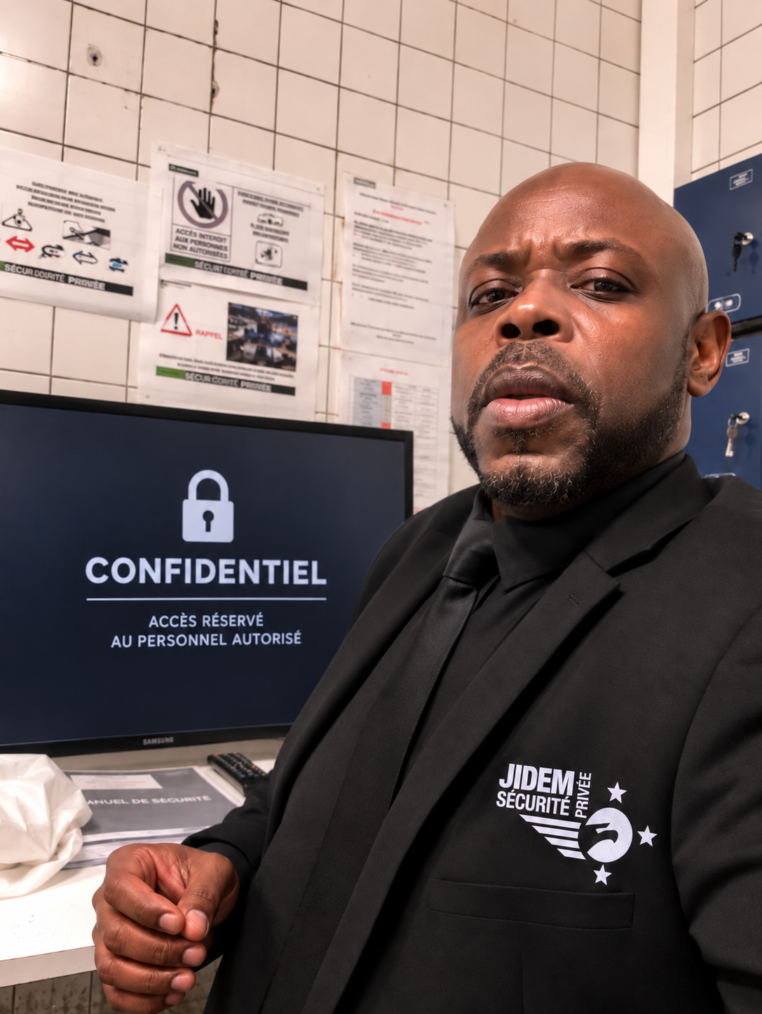 Agent de sécurité JIDEM en poste de surveillance devant écran confidentiel