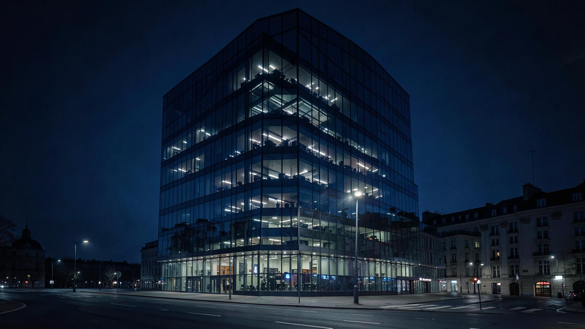 Immeuble d'entreprise moderne de nuit